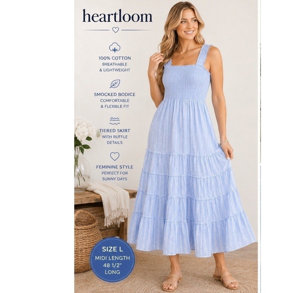 Heartloom Blue White Striped Smocked Tiered Midi Dress L Coastal Cottagecore
